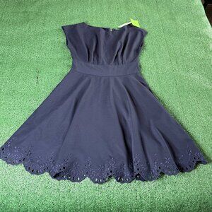 Kate Spade  Ponte Fiorella Eyelet Scalloped Hem Navy Midi Dress Size M NEW